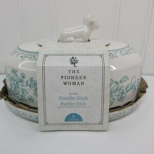 Pioneer Woman Agatha Cow Double Stick Butter Dish Floral Green White Stoneware